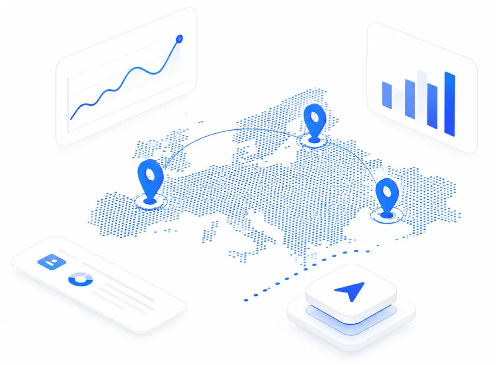 Illustration of connected vehicle monitoring across a map of Europe